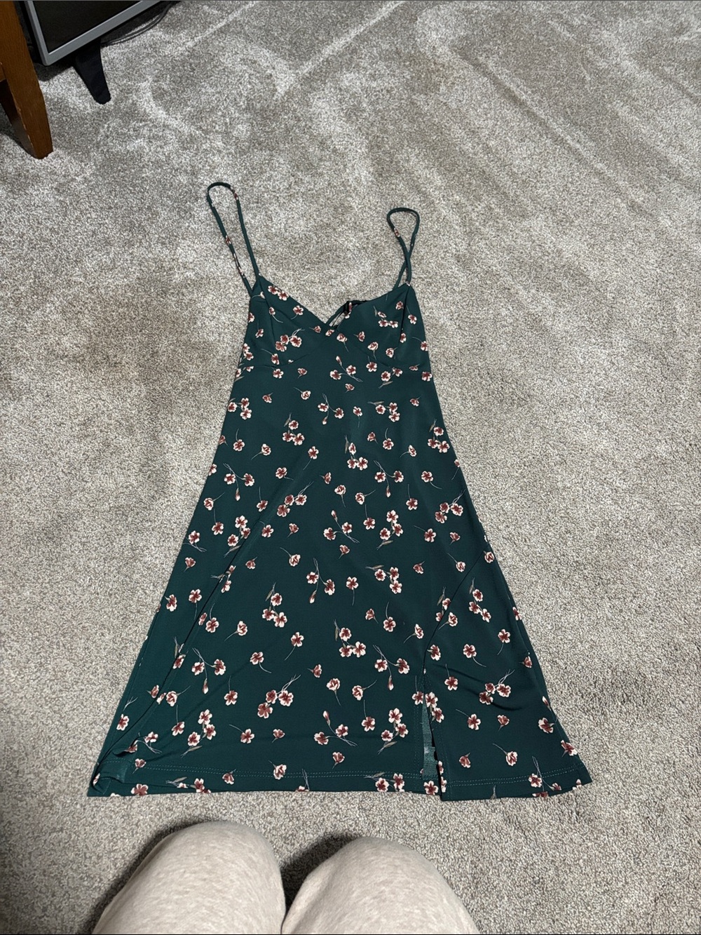 Lovely Day Dark Green Floral Slip Dress with Pink Flowers